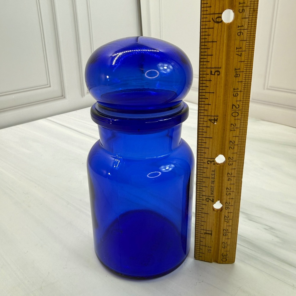 Vintage Cobalt Blue Glass Apothecary Jar with Bubble Lid Made in Belgium 5.5 in - Picture 5 of 6